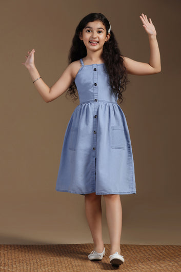 Girls Light Blue Denim Solid Knee Length Dress