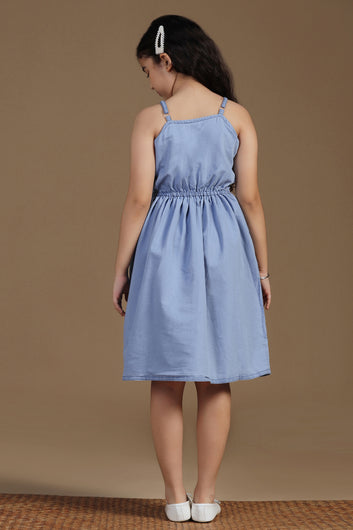 Girls Light Blue Denim Solid Knee Length Dress