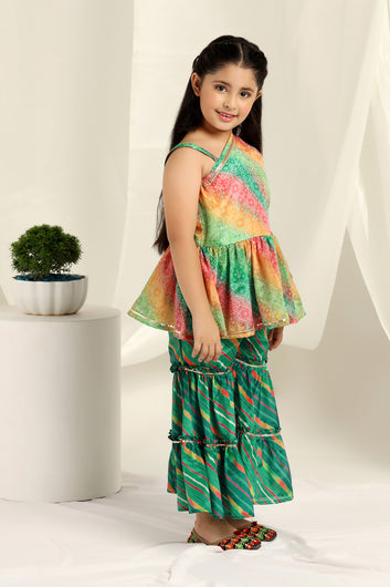 Girl's Multicolor Chinon Peplum Kurta And Sharara Set