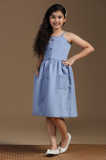 Girls Light Blue Denim Solid Knee Length Dress