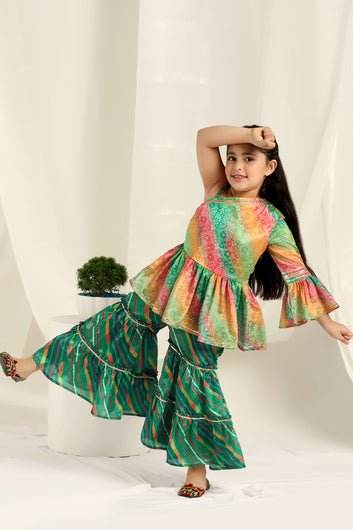 Girl's Multicolor Chinon Peplum Kurta And Sharara Set