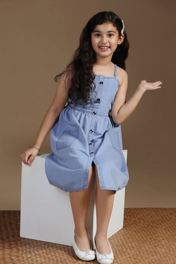 Girls Light Blue Denim Solid Knee Length Dress