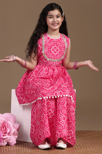 Girls Pink Cotton Blend Printed Peplum Style Kurta With Sharara Set