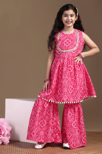 Girls Pink Cotton Blend Printed Peplum Style Kurta With Sharara Set