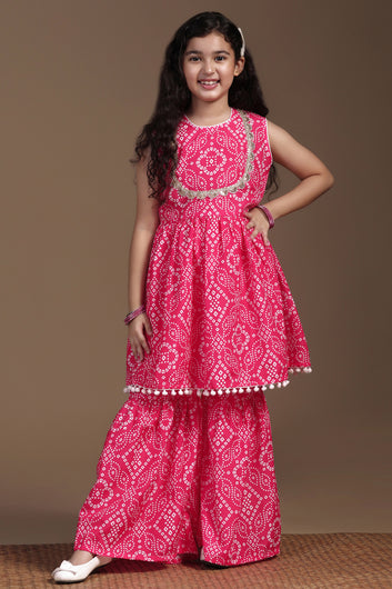 Girls Pink Cotton Blend Printed Peplum Style Kurta With Sharara Set