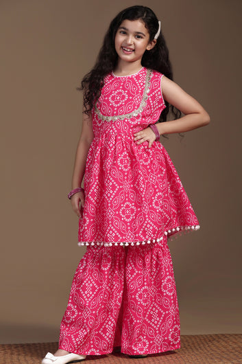 Girls Pink Cotton Blend Printed Peplum Style Kurta With Sharara Set