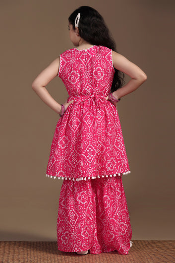 Girls Pink Cotton Blend Printed Peplum Style Kurta With Sharara Set