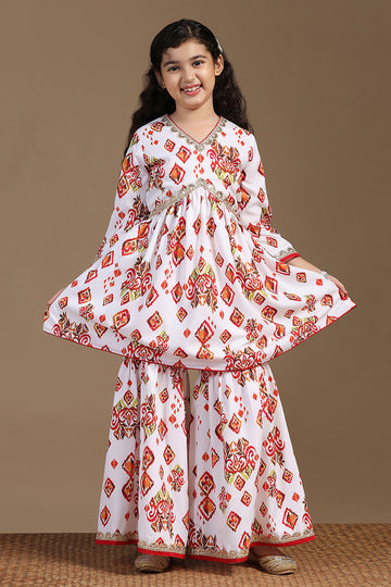 Girls White Cotton Blend Geometric Print Kurta and Sharara Set For Ethnic Look