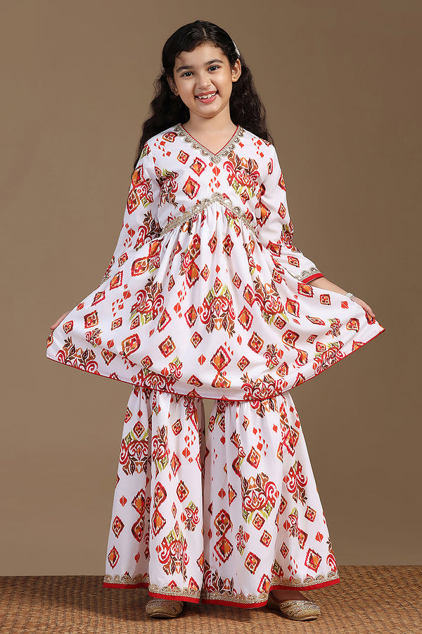Girls White Cotton Blend Geometric Print Kurta and Sharara Set For Ethnic Look