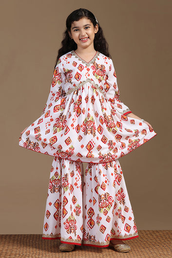 Girls White Cotton Blend Ajrakh Printed Empire Waist Kurta With Sharara Set