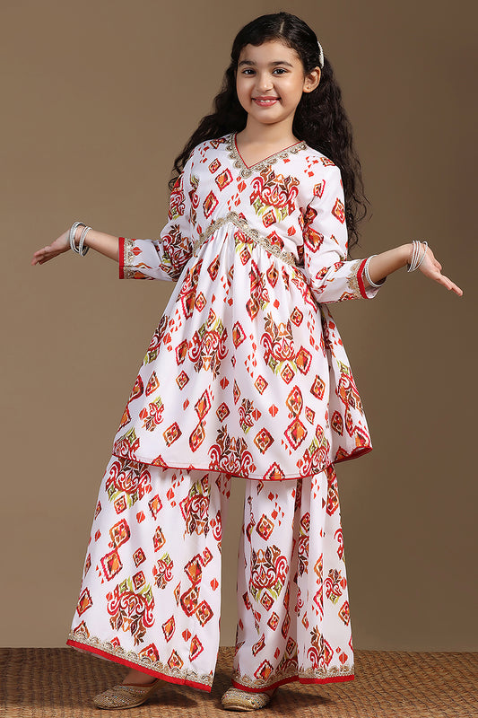 Girls White Cotton Blend Ajrakh Printed Empire Waist Kurta With Sharara Set