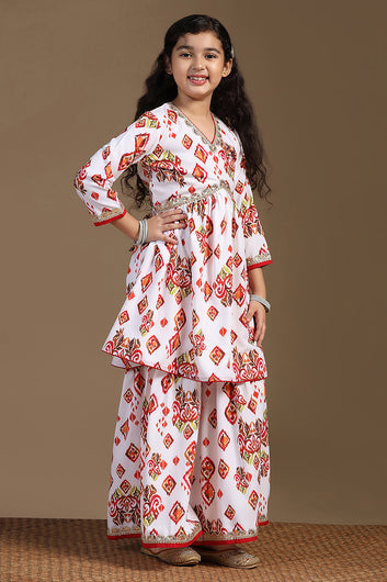 Girls White Cotton Blend Ajrakh Printed Empire Waist Kurta With Sharara Set