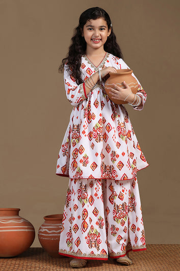 Girls White Cotton Blend Ajrakh Printed Empire Waist Kurta With Sharara Set