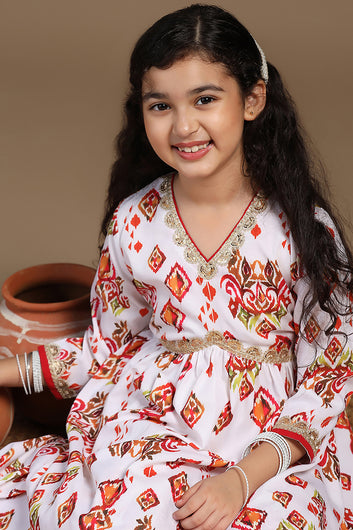 Girls White Cotton Blend Ajrakh Printed Empire Waist Kurta With Sharara Set