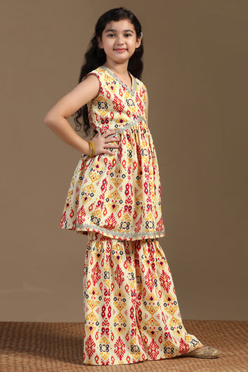 Girls Yellow Cotton Blend Ajrakh Printed Empire Waist Kurta With Sharara Set