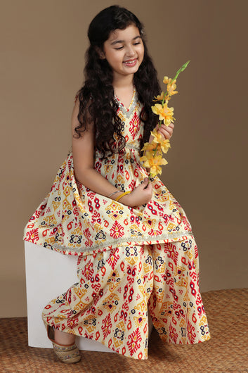 Girls Yellow Cotton Blend Ajrakh Printed Empire Waist Kurta With Sharara Set