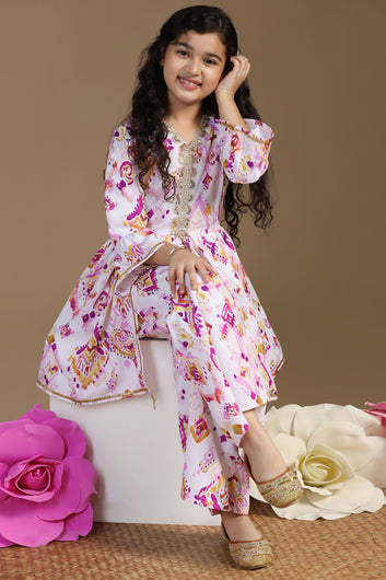 Girls Multicolor Cotton Blend Ajrakh Printed Peplum Style Kurta With Palazzo Set