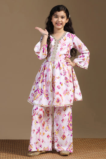 Girls Multicolor Cotton Blend Ajrakh Printed Peplum Style Kurta With Palazzo Set