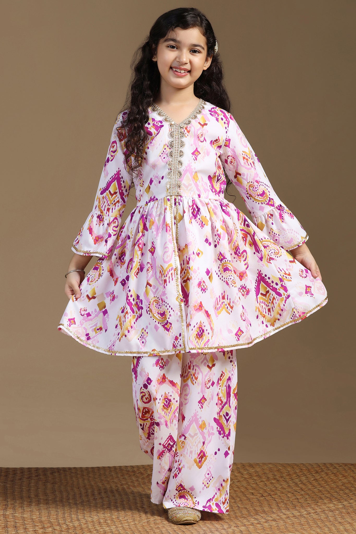 Girls Multicolor Cotton Blend Ajrakh Printed Peplum Style Kurta With Palazzo Set