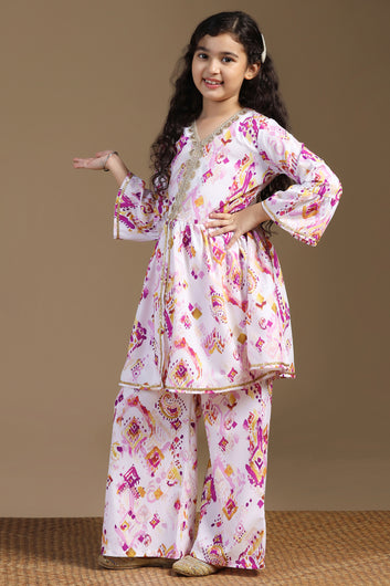 Girls Multicolor Cotton Blend Ajrakh Printed Peplum Style Kurta With Palazzo Set