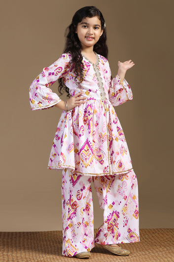 Girls Multicolor Cotton Blend Ajrakh Printed Peplum Style Kurta With Palazzo Set