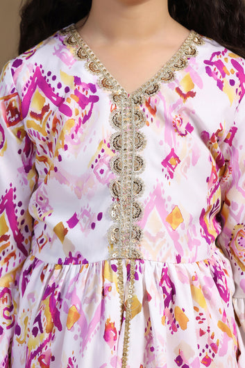 Girls Multicolor Cotton Blend Ajrakh Printed Peplum Style Kurta With Palazzo Set