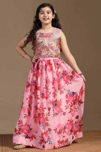 Girls Peach Tabby Organza Floral Printed Lehenga With Choli Set