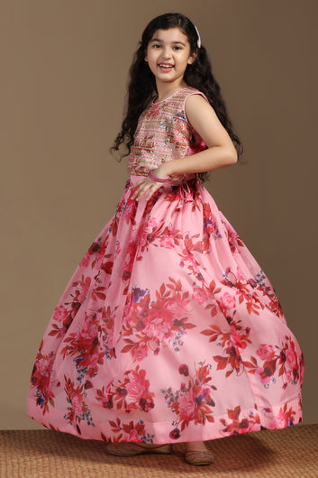 Girls Peach Tabby Organza Floral Printed Lehenga With Choli Set