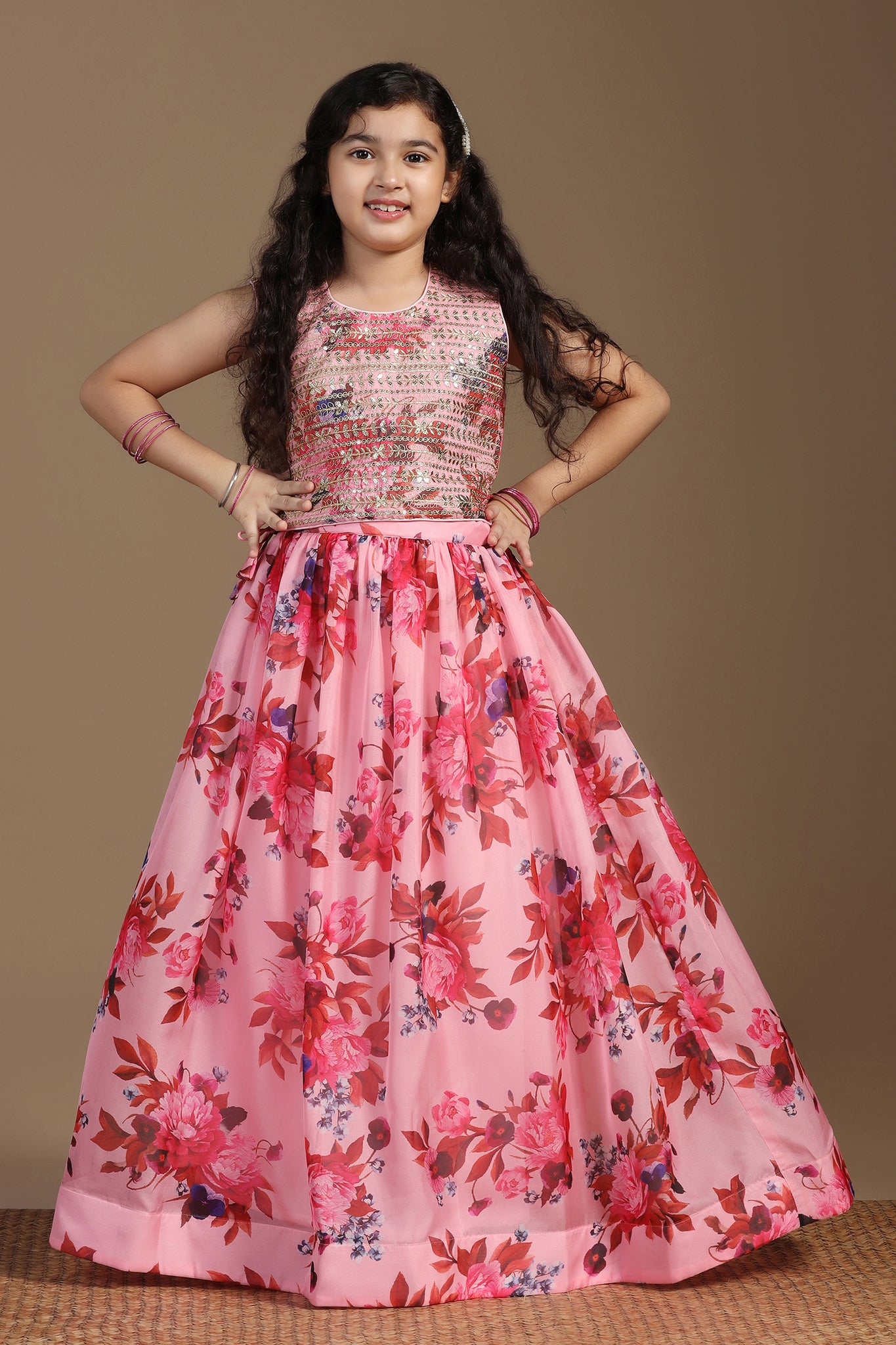 Girls Peach Tabby Organza Floral Printed Lehenga With Choli Set