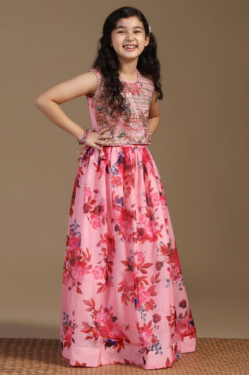 Girls Peach Tabby Organza Floral Printed Lehenga With Choli Set