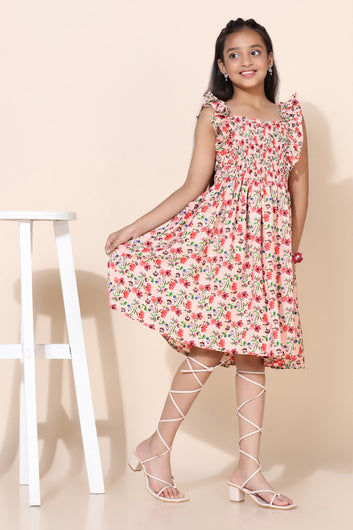 Girls Peach Floral Printed Smocked Patterned Dresses
