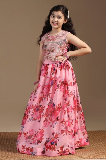 Girls Peach Tabby Organza Floral Printed Lehenga With Choli Set