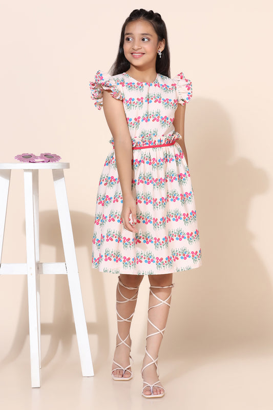 Girls Cream Printed Fit And Flare Dresses