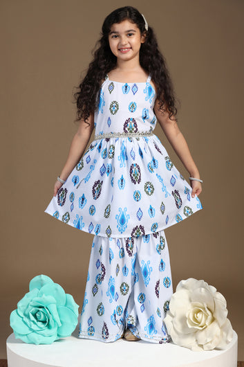 Girls Blue Cotton Blend Ajrakh Printed Peplum Style Kurta With Sharara Set