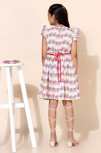 Girls Cream Printed Fit And Flare Dresses