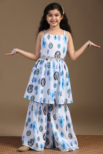 Girls Blue Cotton Blend Ajrakh Printed Peplum Style Kurta With Sharara Set