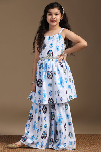 Girls Blue Cotton Blend Ajrakh Printed Peplum Style Kurta With Sharara Set