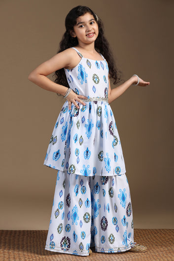 Girls Blue Cotton Blend Ajrakh Printed Peplum Style Kurta With Sharara Set