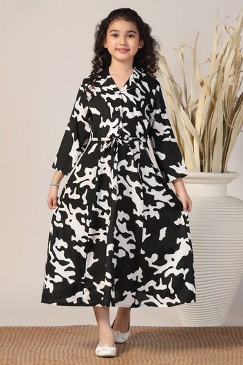 Girls Black Cotton Blend Abstract Printed Calf Length Dress