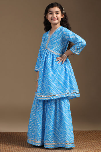 Girls Sky Blue Cotton Blend Printed Empire Waist Kurta With Sharara Set