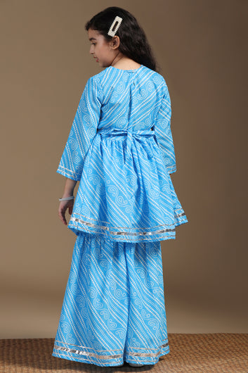 Girls Sky Blue Cotton Blend Printed Empire Waist Kurta With Sharara Set