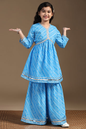 Girls Sky Blue Cotton Blend Printed Empire Waist Kurta With Sharara Set