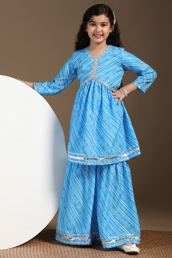 Girls Sky Blue Cotton Blend Printed Empire Waist Kurta With Sharara Set