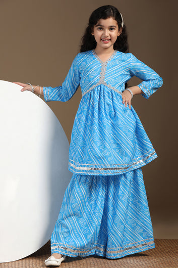 Girls Sky Blue Cotton Blend Printed Empire Waist Kurta With Sharara Set