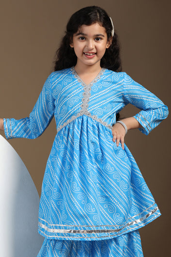 Girls Sky Blue Cotton Blend Printed Empire Waist Kurta With Sharara Set