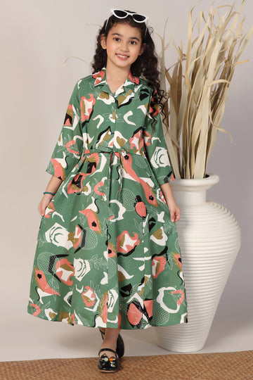 Girls Mehendi Cotton Blend Abstract Printed Calf Length Dress