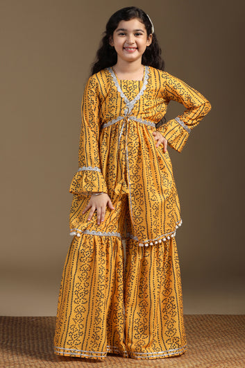 Girls Yellow Cotton Blend Printed Peplum Style Kurta With Sharara Set