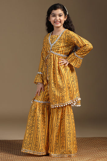 Girls Yellow Cotton Blend Printed Peplum Style Kurta With Sharara Set