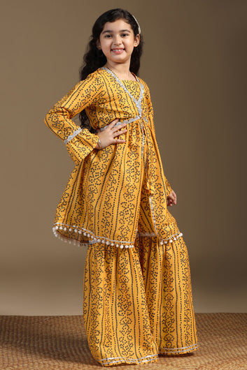 Girls Yellow Cotton Blend Printed Peplum Style Kurta With Sharara Set