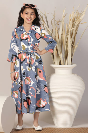 Girls Grey Cotton Blend Abstract Printed Calf Length Dress